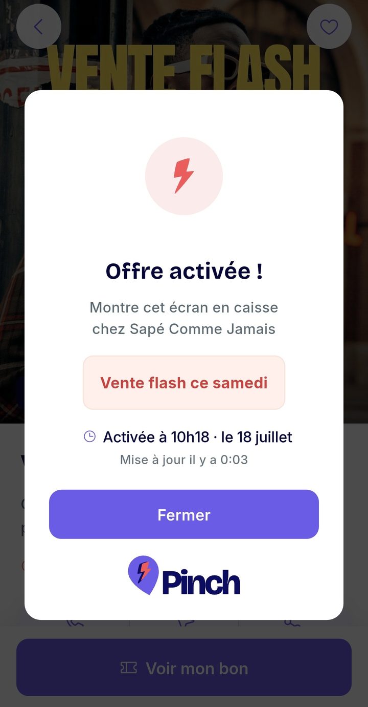 L'écran « Offre activée ! » à présenter en caisse