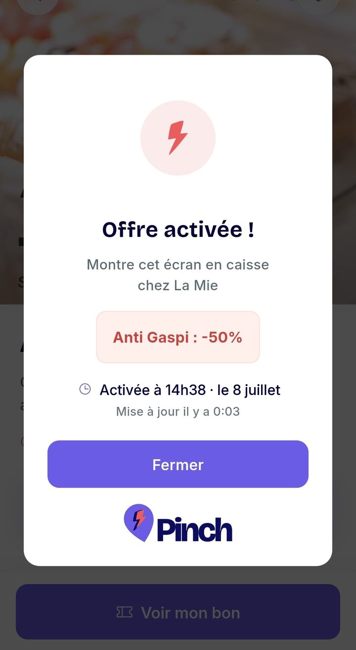 Le moment de l'activation : « Offre activée ! » chez La Mie, l'écran à montrer en caisse