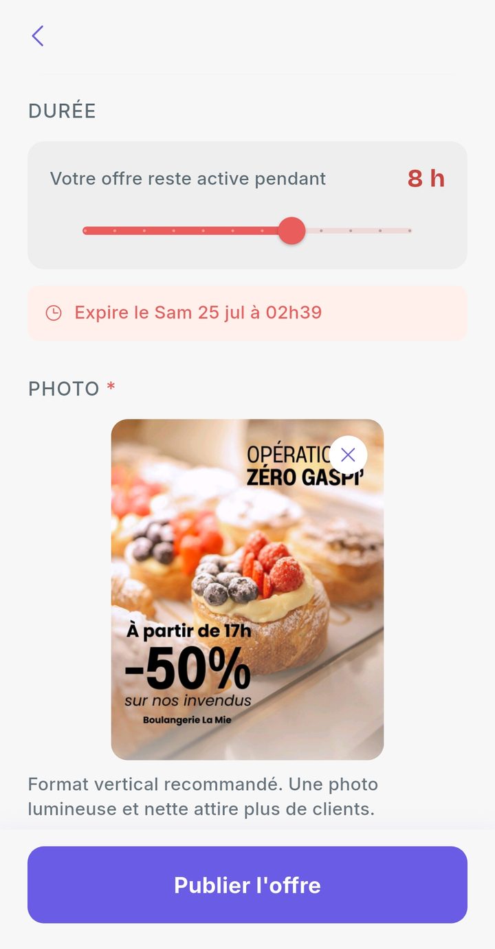 L'écran de publication d'une offre flash : durée au choix, photo, bouton Publier l'offre