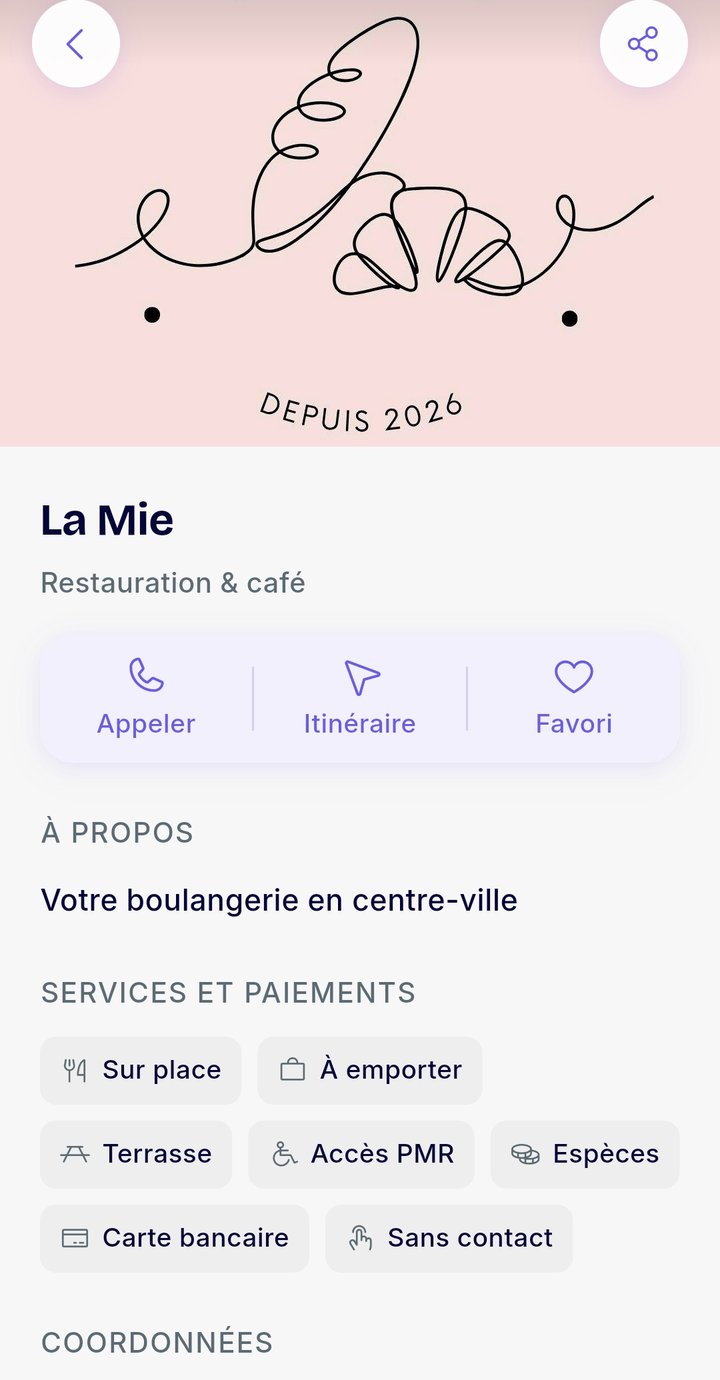 La fiche d'un commerce dans Pinch : coordonnées, horaires, offres en cours