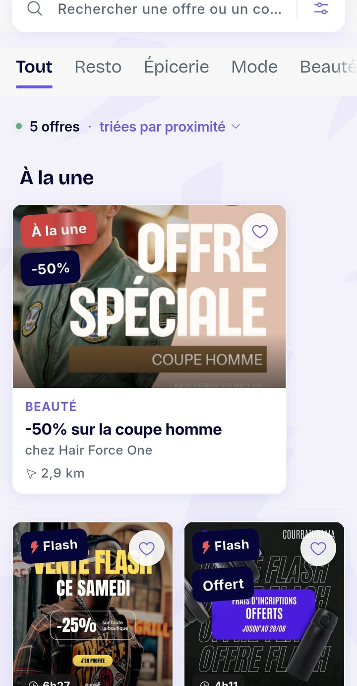 La liste des offres Pinch : vitrine À la une et offres flash avec compte à rebours