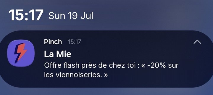 Notification Pinch sur écran verrouillé : « La Mie, offre flash près de chez toi, -20% sur les viennoiseries »